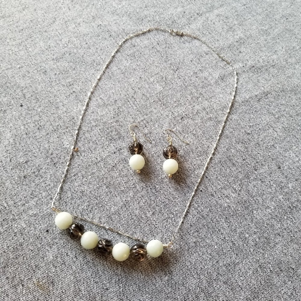 New Sterling Silver and gemstone necklace and earrings with carved smoked quartz